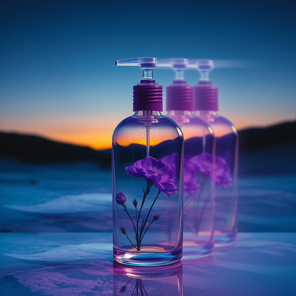 Multiple exposures, the art of Alphonse Mucha, cosmetic glass bottle, violet, rendering, biomechanics, science fiction, beautiful landscape, dramatic colors. - Image