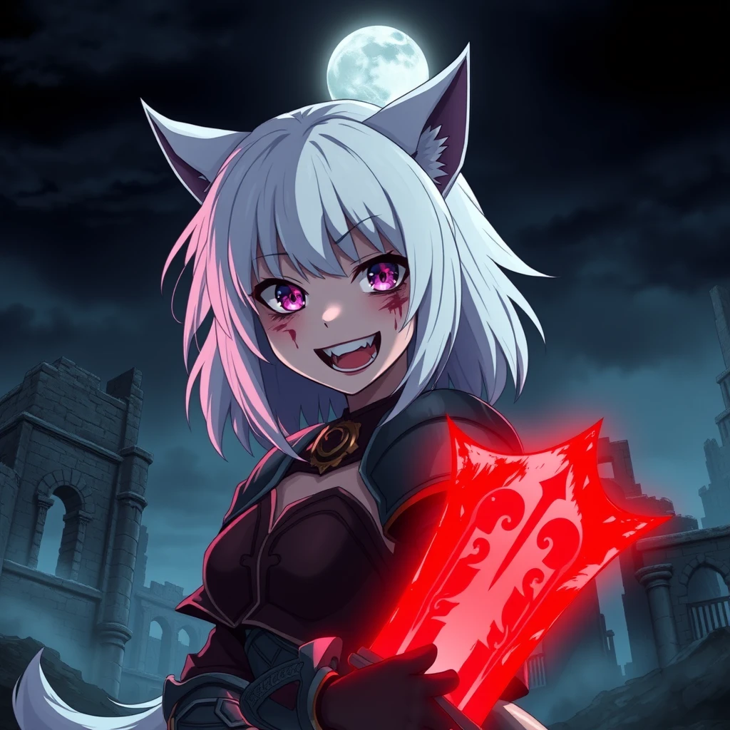 Anime girl with fangs and medium-length white hair, wolf ears, and a tail, with purple eyes and an evil grin, blood on her face, holding a glowing light red sword full of blood in her right hand. The girl is wearing armor. Old ruins can be seen in the background; it is dark and foggy. In the sky is a full moon. Dramatic, dynamic, cinematic. - Image