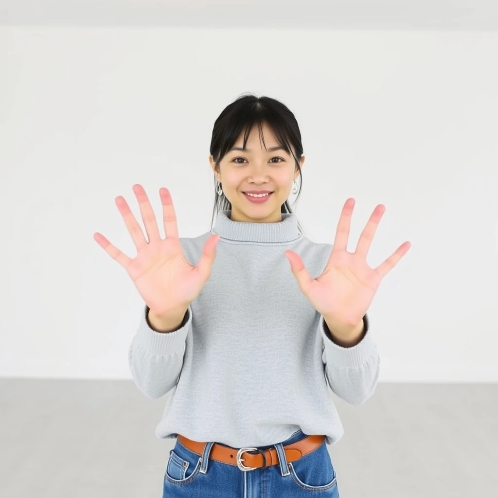 Asian woman holding hands out in an empty room with a white background.