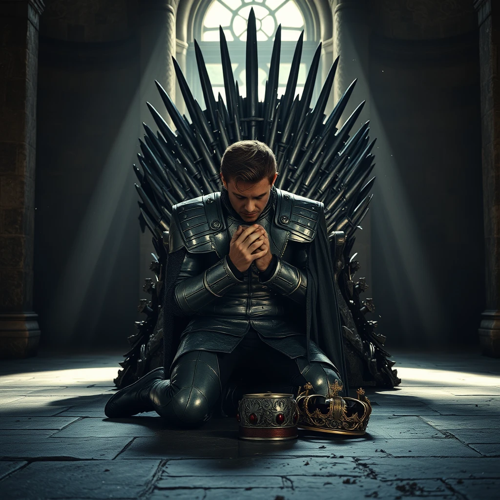 [Scene] This cinematic photograph, rich in texture and detail, captures a moment of profound piety within the cold, imposing grandeur of a medieval European throne room. The stark, metallic sheen of the Iron Throne, forged from the swords of conquered enemies, dominates the frame, its jagged edges casting sharp shadows across the stone floor. Light streams in through a high, arched window, illuminating dust motes dancing in the air and highlighting the textures of worn stone and polished steel.  
[Characters] In the center of the composition, a handsome and powerful king, clad in intricately-crafted plate armor, kneels in humble supplication before the Iron Throne. His head is bowed low, his armored hands clasped tightly together in prayer. The weight of his crown, resting upon the floor beside him, seems to symbolize the burden of his responsibilities and the humility of his faith. The image evokes a sense of both power and vulnerability, highlighting the duality of a king who is both a warrior and a servant to a higher power.