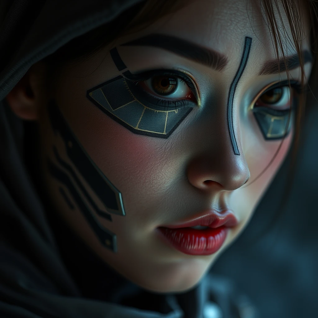 Super face Closeup Portrait, (cyberpunk face augmentation:1.45), (black color circuit board tattoos:1.5 on face), epic skin details, Sci-fi Darkness By He Xiaofeng, a quiet Fighter, feudal Ninja,, robotic shinobi suit, (style Katy Grannan:1.35), Satin texture, (Glitchy:1.5) (Foggy:1.35), (Harsh lighting:1.4)