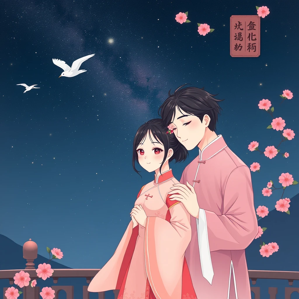 Love, Characters (a man and a girl, wearing traditional Chinese clothing) + Scene Elements (Magpie Bridge, Milky Way, stars) + Background (deep night sky) + Colors (soft pinks, purples, blues) + Chinese Style.