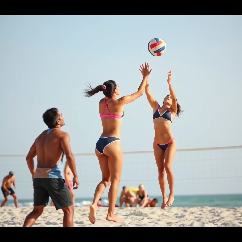 "Men and women are playing beach volleyball." - Image