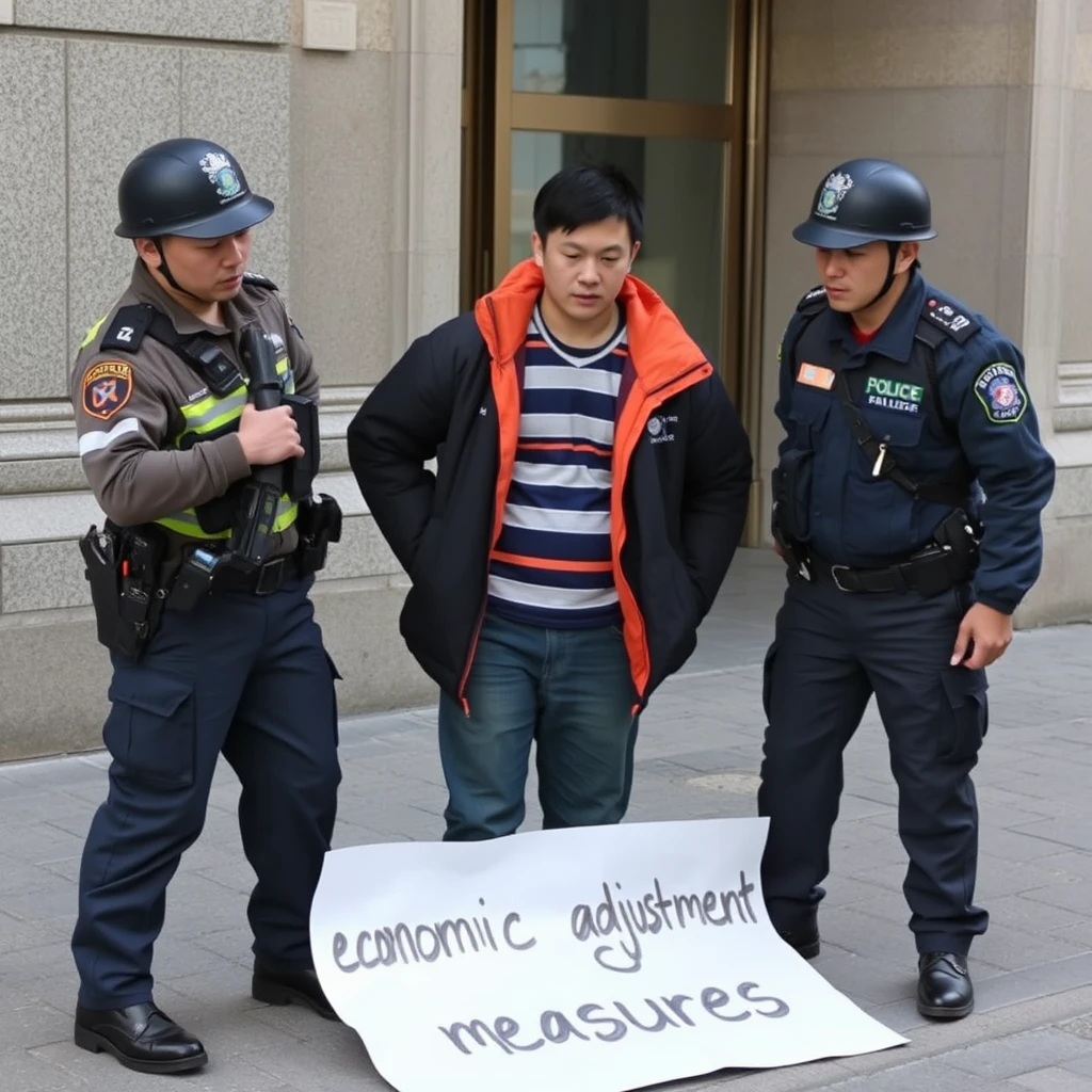 A Chinese young man was arrested by two policemen; there is a large piece of paper on the ground that says: "economic adjustment measures." - Image