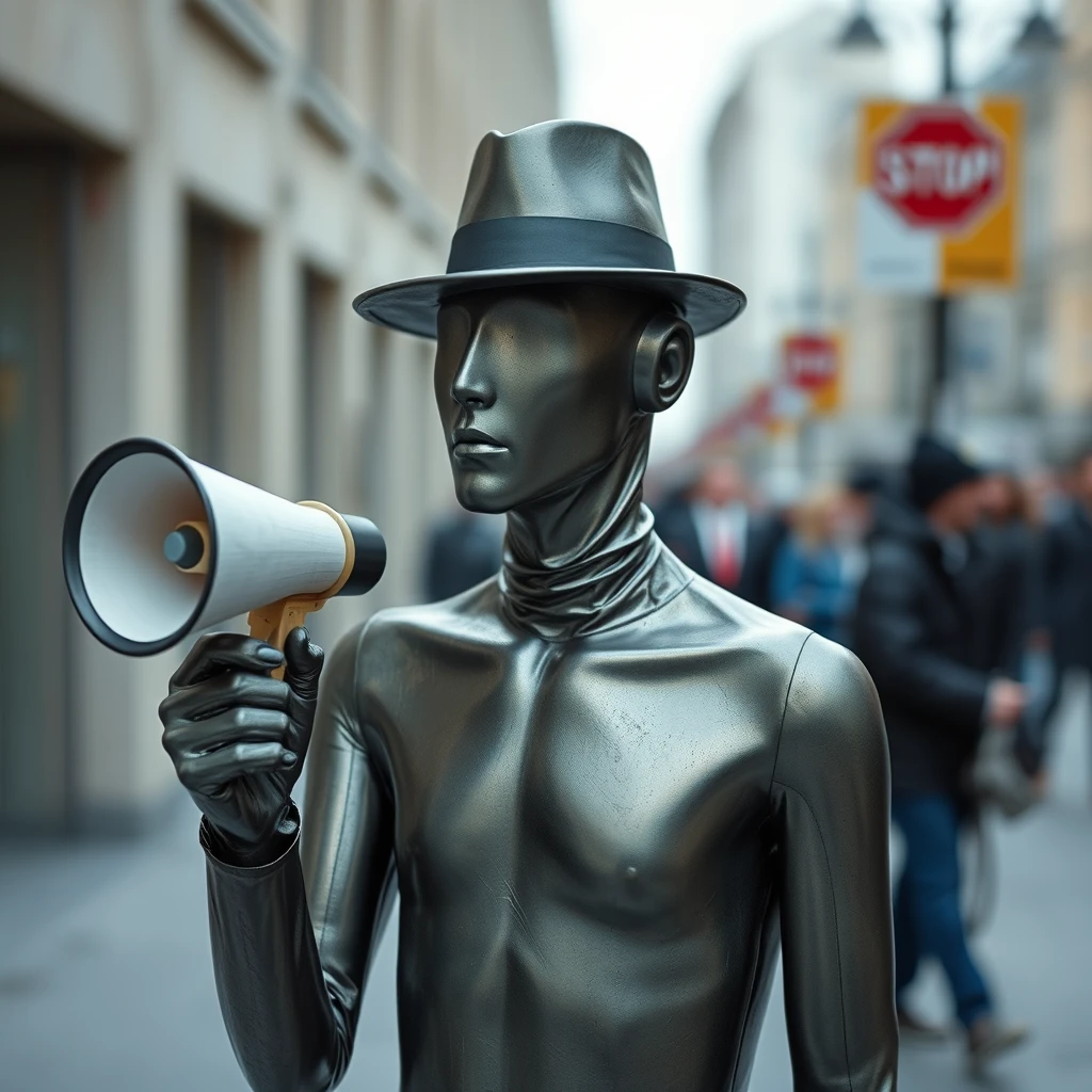 A figure stood there, skin smooth and metallic the color of an oil slick, with no nose or mouth on its face and missing eyes and ears. It would be mistaken for a mannequin if it weren't moving around and wearing a hat, wielding a megaphone made of paper at passersby. No face. No facial features. No mouth. No ears. No eyes. Smooth skin. - Image