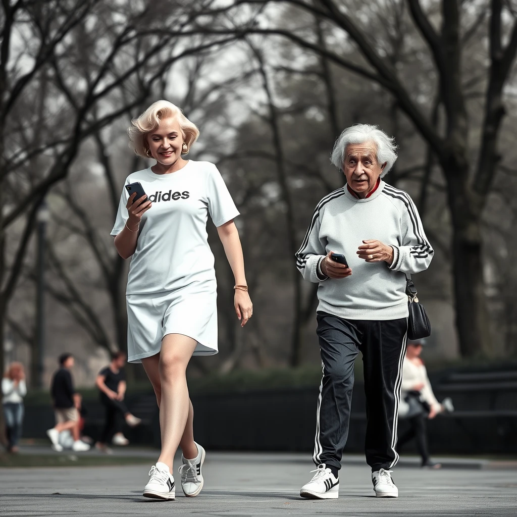 Marilyn Monroe und Einstein im NY-Park. Beide tragen Adidas-Kleidung von Kopf bis Fuß. Beide benutzen iPhones. - Image