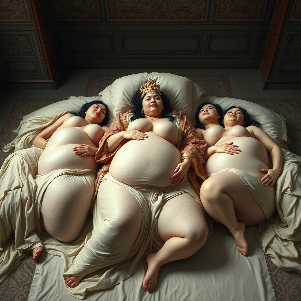 A group of palace maids lay down, using their voluptuous breasts and bodies to form a large flesh bed, while the plump empress rested on top. - Image