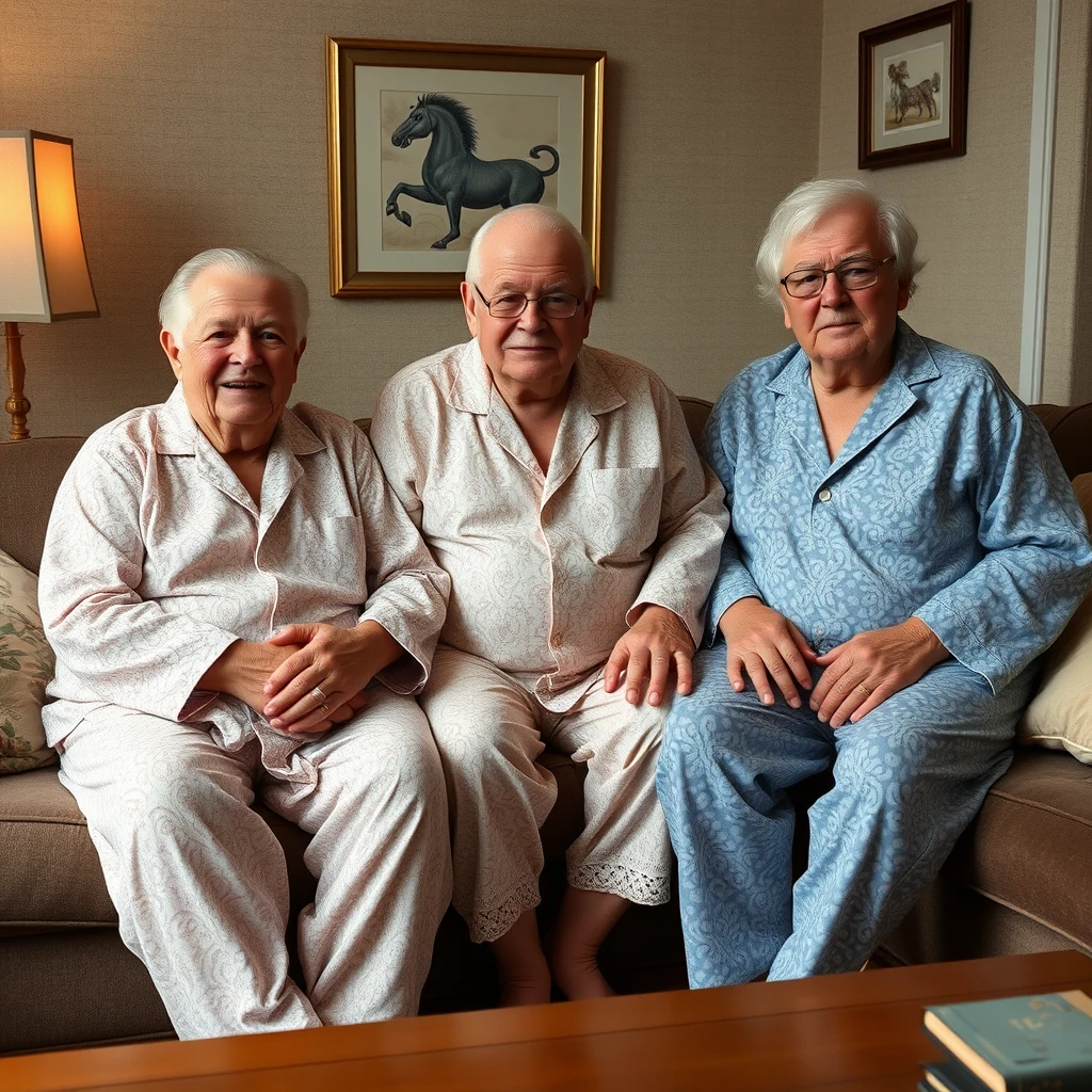 3 larger older trans men aged 80 in the living room wearing lace pajamas.