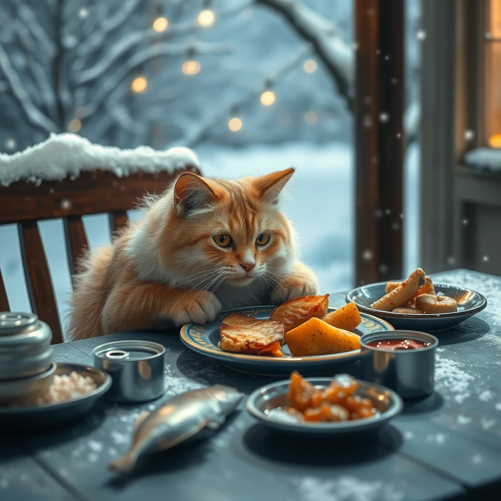 On a snowy night ,there was a lovely cat eating dinner ,with fish,cans and other food on the table. - Image