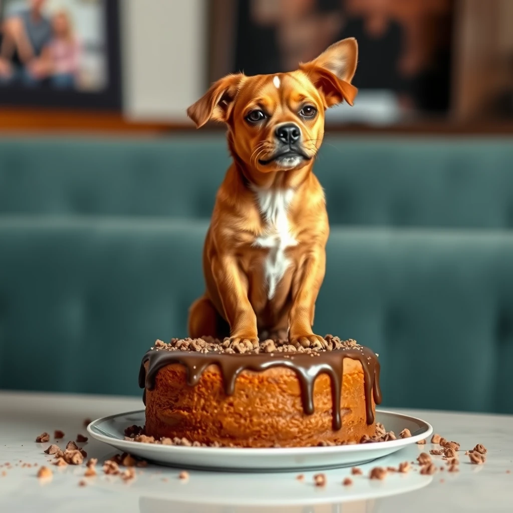 A photo of a dog sitting on a caramel mud cake taken on an iPhone 4