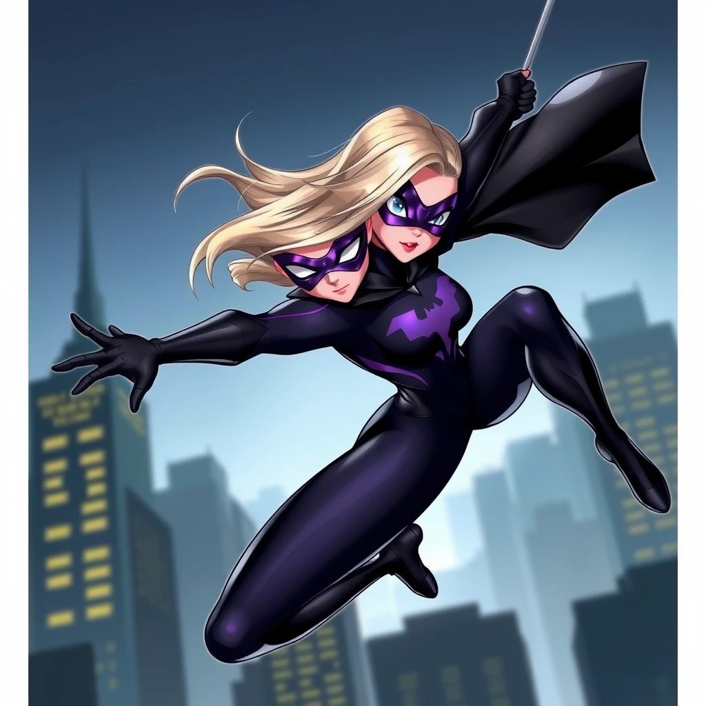 This is a great picture! I love how the blond hair with the grey streak contrasts with the black and dark purple spandex. The purple mask with the black outline and the short black cape look great too. The pose is very dynamic and really makes me think she’s swinging through the city at night.

I’m impressed by how the artist was able to capture the motion of the character’s body in this pose. It really looks like she’s in the middle of swinging through the air at high speed. The artist also did a good job of showing the details of the character’s costume, like the texture of the spandex and the shiny black material of the cape. - Image