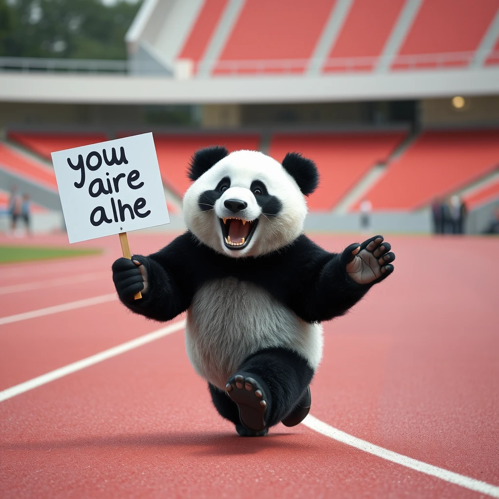 A personified panda is running wildly on the athletics track, holding up a sign that says "you are the best." - Image