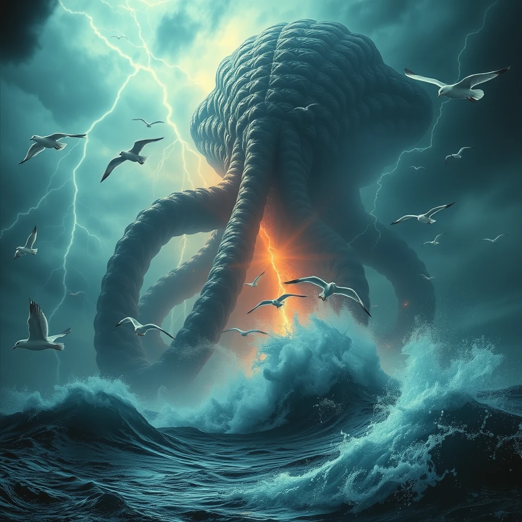 "Storm, sea, lightning, seagulls, huge Cthulhu, cool tone, realistic high-definition image."