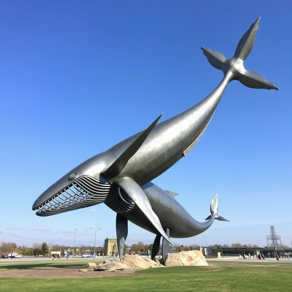 A metal whale sculpture.