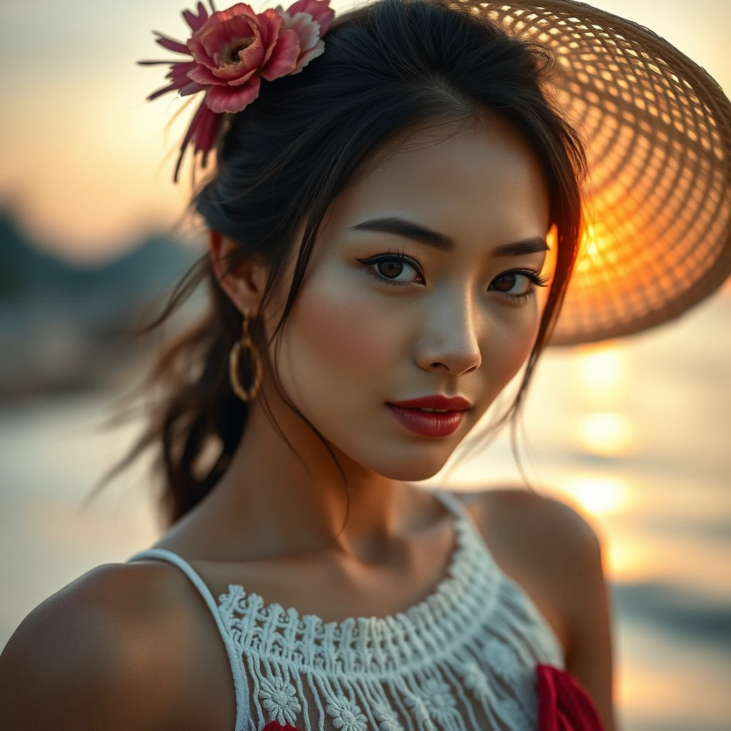 Immerse yourself in the captivating portrait of a stunning petite Thai woman on the enchanting beaches of Thailand. This cinematic photoshoot, meticulously crafted, showcases her beauty with precision. Shot on a 25mm lens, depth of field and tilt blur create a compelling narrative. With settings like a 1/1000 shutter speed, F/22 aperture, and calibrated white balance, the breathtaking 32k resolution reveals remarkable details. Super-resolution preserves nuances, while Pro Photo RGB enriches colors. Lighting techniques, from half rear to backlighting, accentuate elegance. Volumetric, Conte-Jour, and global illumination add depth. Scattering, reflections, and artistic elements enhance realism. Technical advancements like anti-aliasing and ambient occlusion refine quality. Prepare for an extraordinary blend of photography and CGI, where intricacy meets grace. - Image