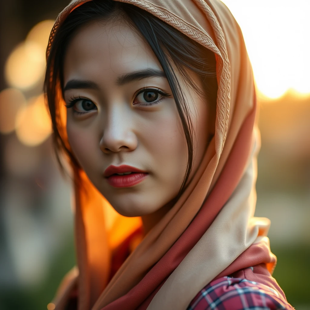 A beautiful Chinese girl in a hijab, intricate detail, bokeh, golden hour.