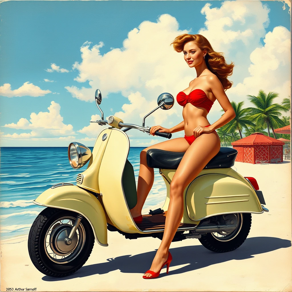 A Miami Beach postcard featuring a wrecked scooter and a sexy girl, from 1956, as painted by Arthur Sarnoff, wide, landscape view. - Image