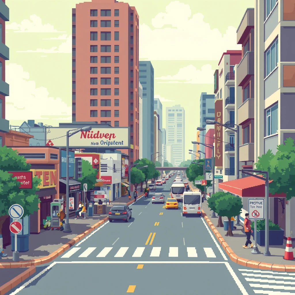 2-bit, Urban streets, commercial streets, roads, vehicles, pixel art - Image