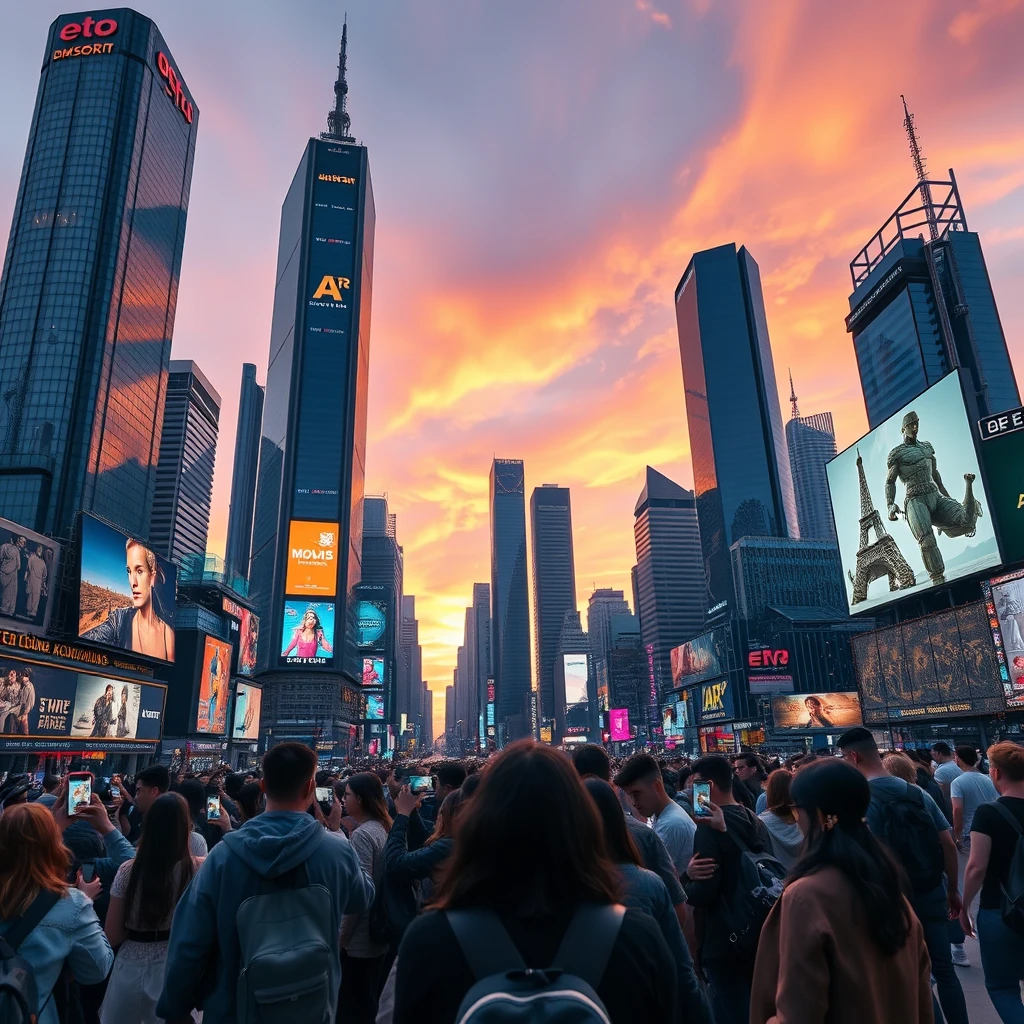 A bustling futuristic cityscape at dusk, with towering skyscrapers adorned with animated AR billboards and holograms. The sky is a blend of warm oranges and cool purples, casting a captivating glow over the scene. In the foreground, a diverse group of people interact with AR elements through their smartphones, showcasing the immersive experiences Dreemar’s platform offers. The image is captured in 4K resolution with a professional wide shot, highlighting the seamless integration of AR technology in everyday life and the vibrant energy of the city.
 - Image