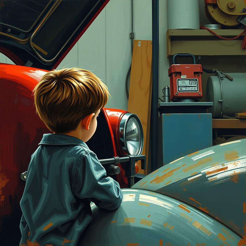 A boy watches a mechanic work on the family car, a painting by Kurt Ard, 4k, detailed.