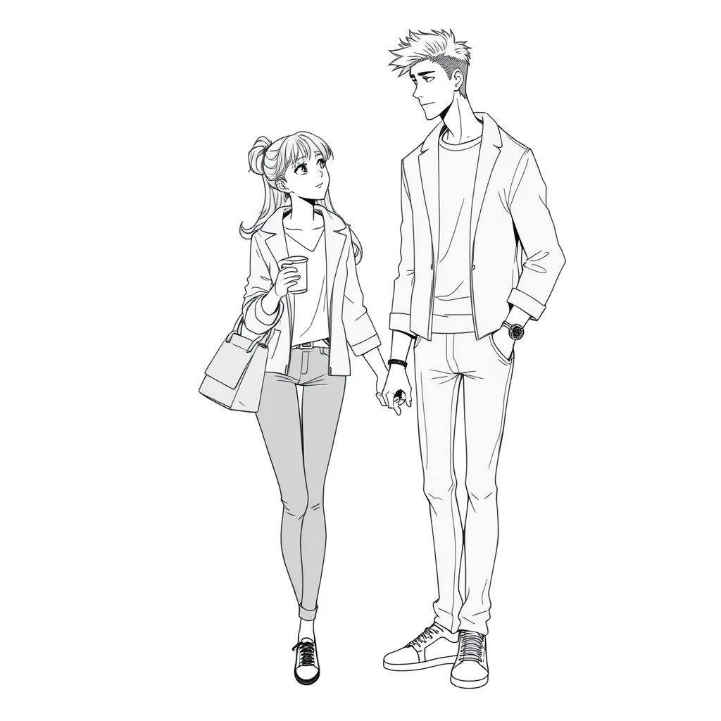 Anime lineart, young woman in fashion standing with a tall handsome boy, she is leaning on the boy, simple background, cup, handbag, hand in hand, they are looking at each other and love each other.