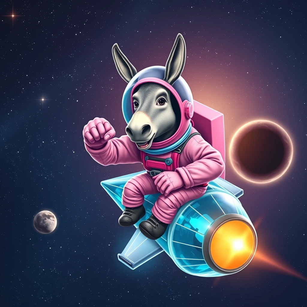 An ambitious donkey wearing pink astronaut costume, riding on a crystal stunning cyan spaceship, making a punching gesture, flying to the outerspace under a clear night sky with lots of shining stars, passing by a huge black-hole. Realistic style. - Image