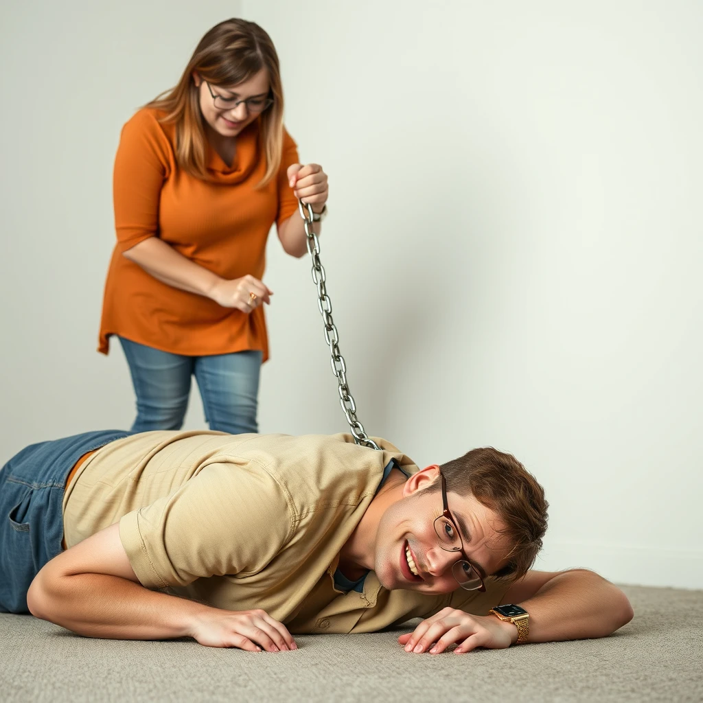 Can you generate an image of a woman standing while holding a chain connected to a collar that a man is wearing while crawling on the floor? The man is wearing glasses and smiling. He is young and a little plus-sized and has short hair. Both subjects are of Caucasian descent. Please show both people.