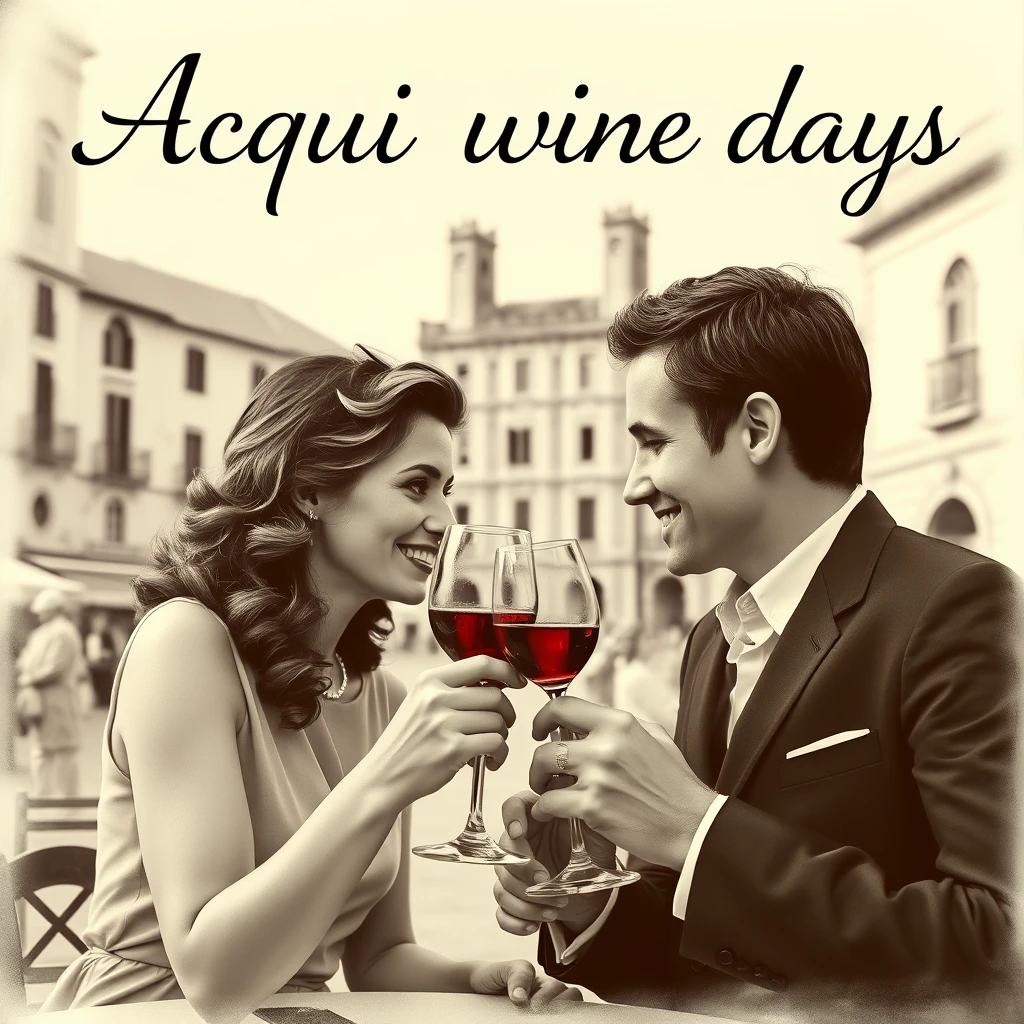 realistic black and white sepia image  
a couple toasts with a glass of wine.  
the wine is colored red  
in the background an Italian square  
on the left side of the image, at the top, the writing, in 50s font, "Acqui wine days". - Image