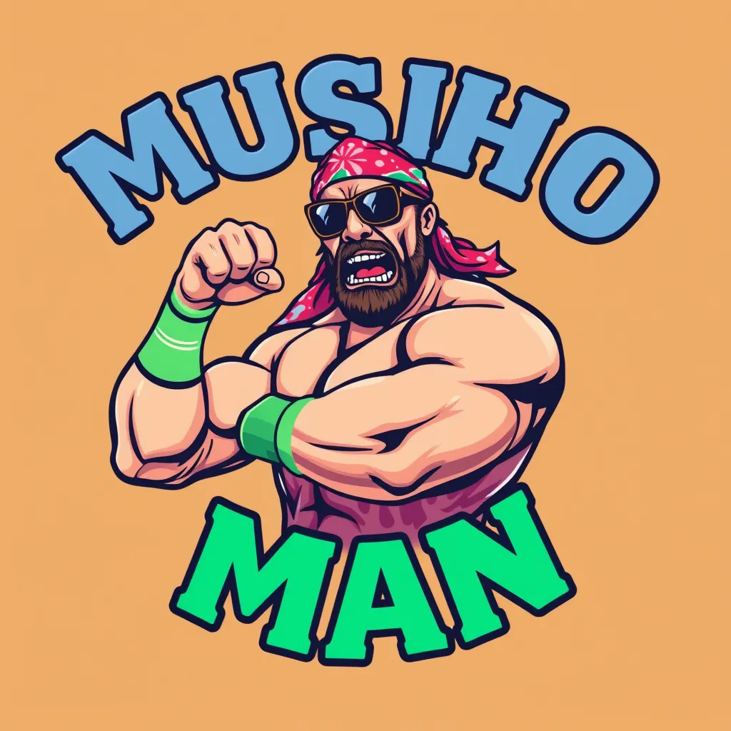 Create WWE MACHO MAN parody logo featuring a title in big painted typography saying "MUSHO MAN". in the logo, a realistic macho man wrestler character is wearing a tie-dye bandana and sunglasses. He is flexing his arm and squeezing a brown cap mushroom with one hand and pointing at the mushroom with the other hand. angry. teeth showing. Parodying Randy Savage Macho Man cream of the crop pose. grainy 90s screen print.