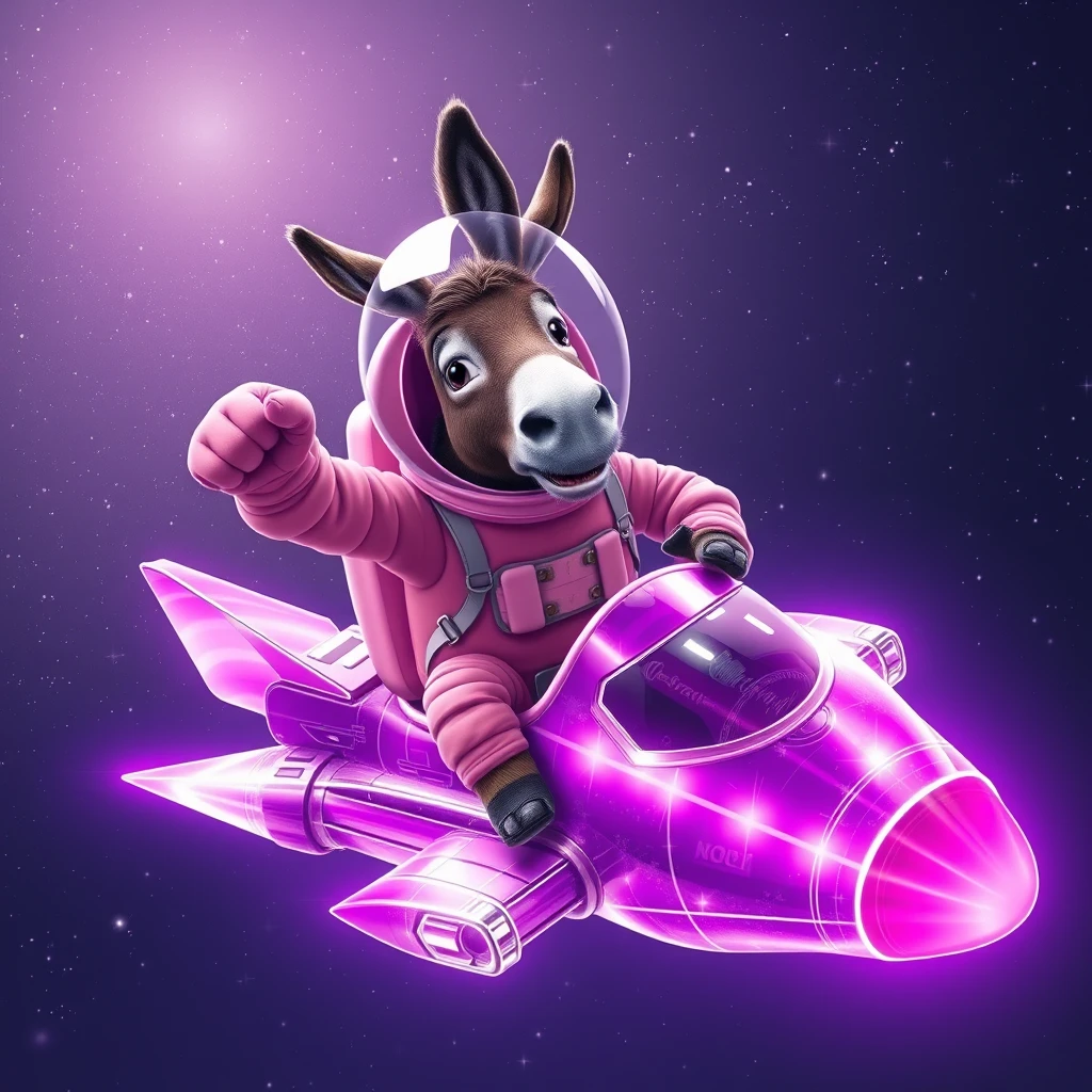 An ambitious donkey wearing pink astronaut costume, riding on a crystal light purple stunning spaceship, making a punching gesture, flying to the outerspace under a clear night sky with lots of shining stars. Realistic style.