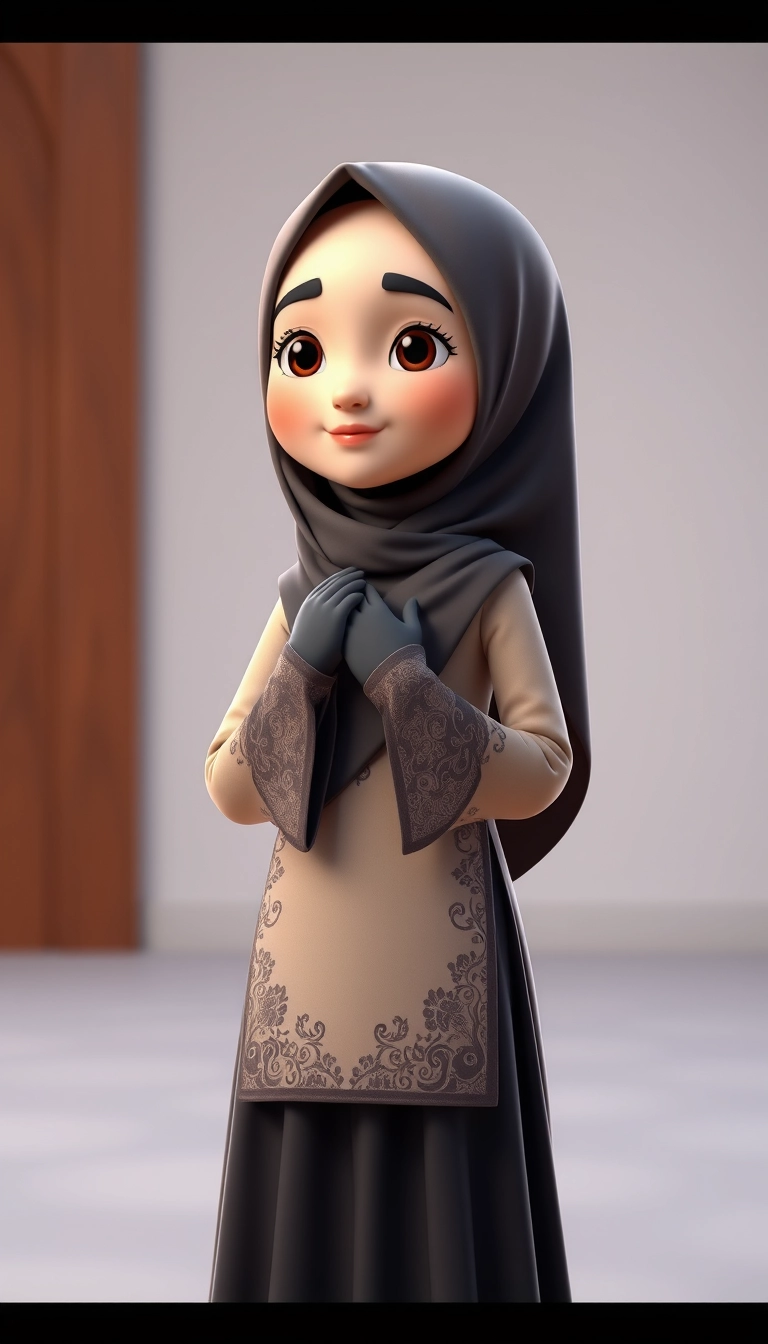 A 3D, 8k animated cartoon depiction of a Muslim woman from Palembang, wearing a traditional long songket and a long gown (gamis). She is adorned with a hijab that covers her chest and wears batik gloves covering her hands. - Image