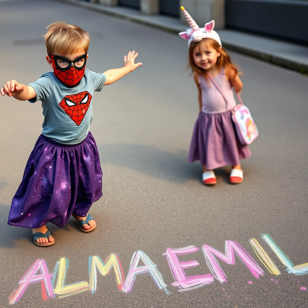 Four-year-old boy with a Spiderman t-shirt, light brown hair, hazel eyes. He is wearing a Spiderman mask and doing parkour tricks. Four-year-old girl with light brown hair, wearing a long shirtless purple galaxy-themed skirt. She has hazel-colored eyes and looks Finnish. She has a small unicorn bag and a unicorn cap. She is painting with chalks on the street, creating a rainbow-colored readable text that says "ALMA EMIL." Photorealistic, high quality. - Image