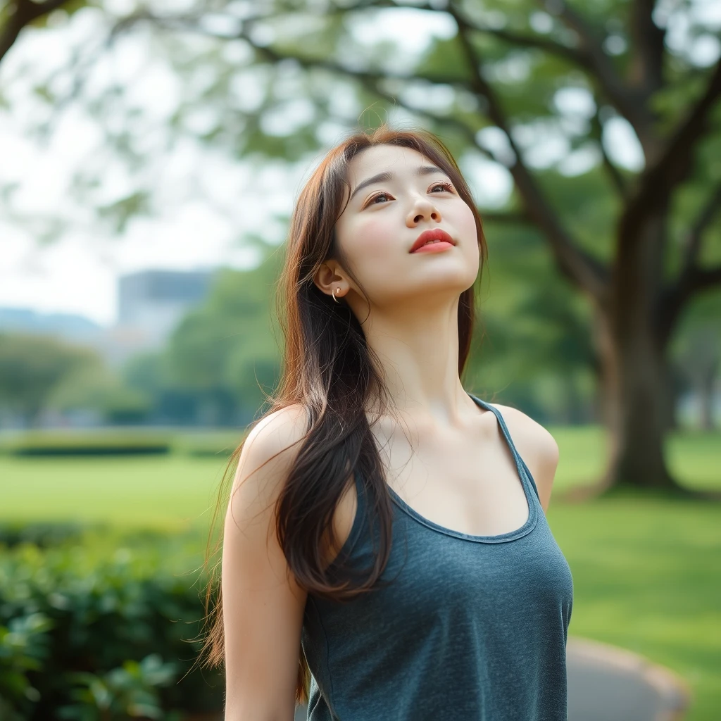 A beautiful Korean woman, ulzzang, wearing a tank top, sweating, in a park.