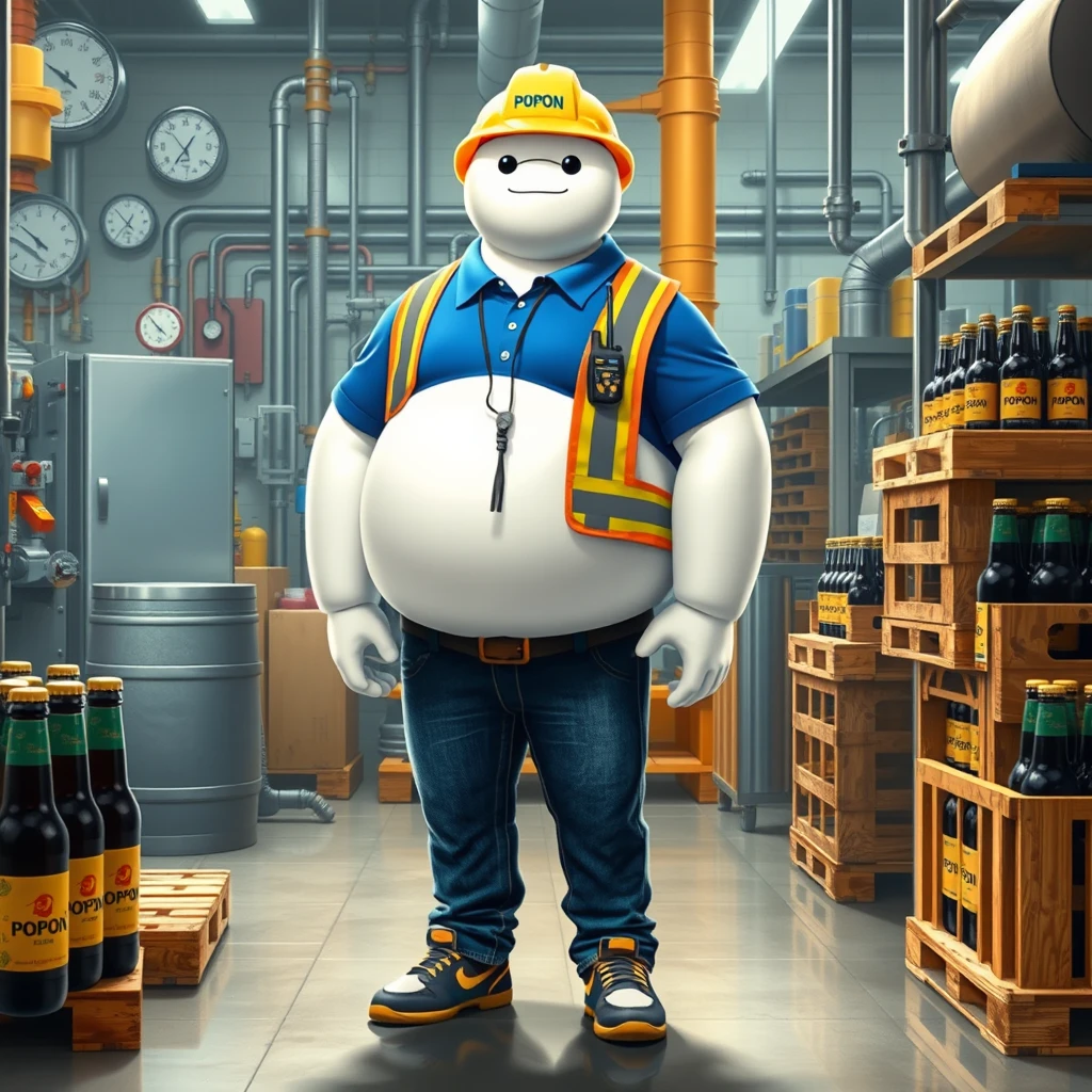 Baymax in a beer bottling plant surrounded by machinery, a barrel, gauges, measuring instruments, pallets, bottles of beer, dressed in a blue polo shirt covering his entire torso, safety gear, a reflective vest, safety shoes, a walkie-talkie, blue jeans, and a yellow helmet that has the word POPON written on it.