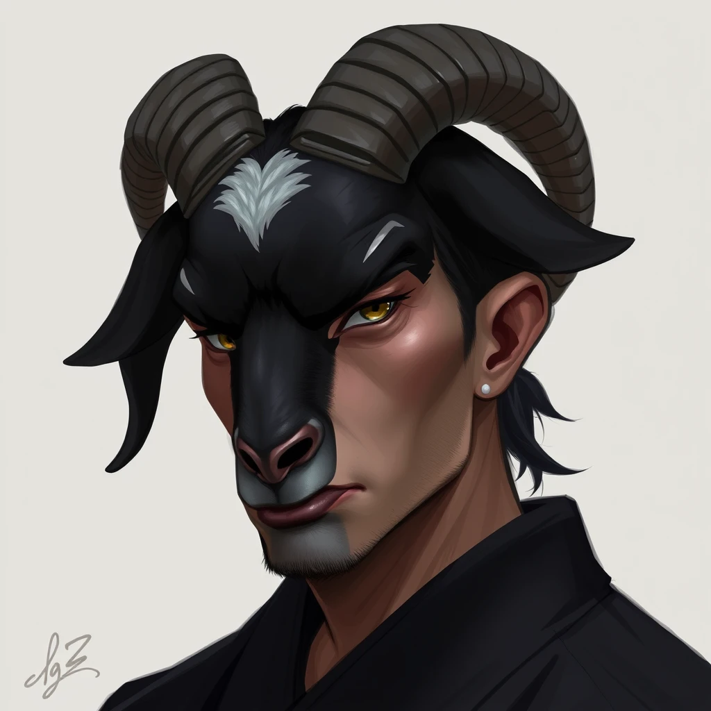 A man with a black goat head and a serious stare, wearing a black kimono, 2D art. - Image