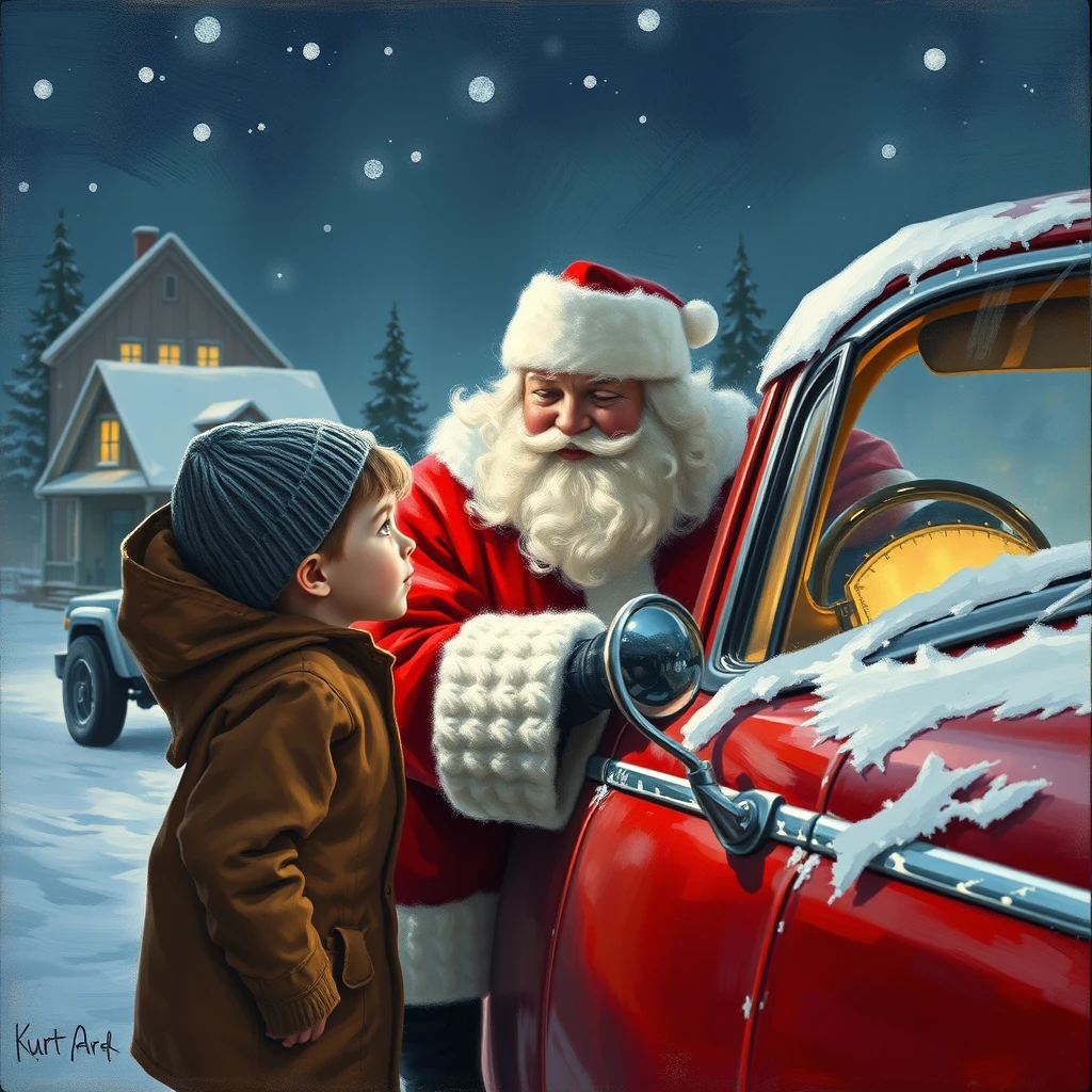 A boy watches Santa work on the family car, a painting by Kurt Ard, 4k, detailed. - Image