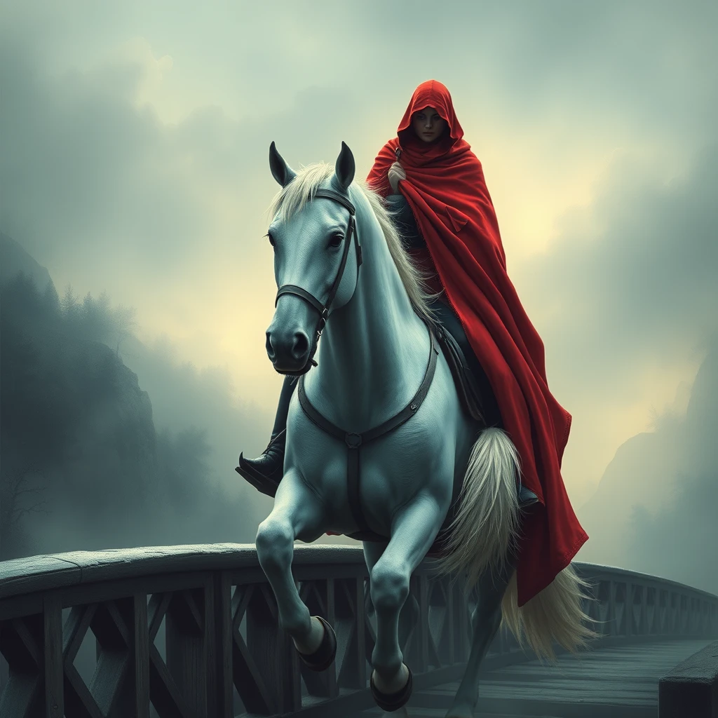 "Fantasy heroine in a red cloak without a hood rides over a bridge on a white horse." - Image