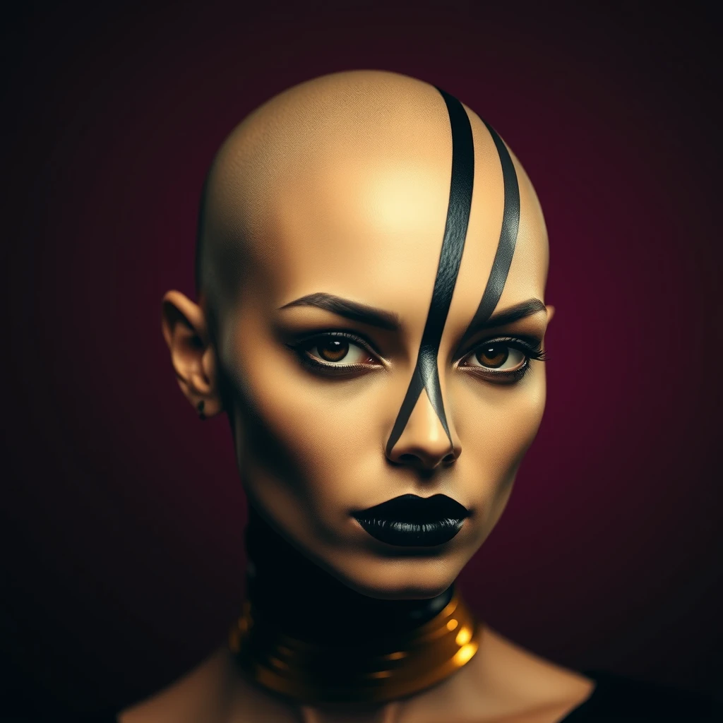 Mid shot, a cinematic photograph of a stylized portrait of a bald woman's head, with bold glossy black and gold stripes, luxury and sophistication, serene backdrop in a rich deep plum hue, mystery and creativity, Rembrandt light that accentuates the subject's striking features, shallow depth of field, enigmatic gaze.