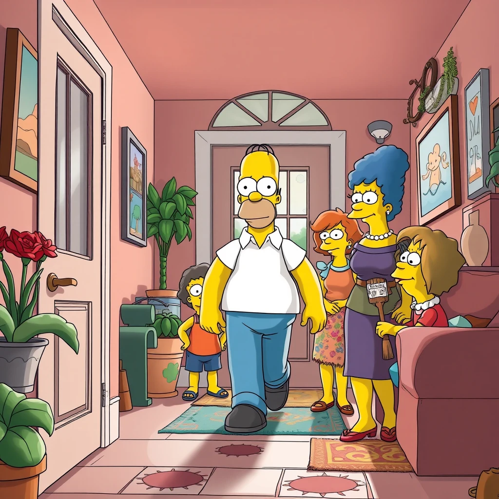 Homer Simpson walks into a family's home photorealistic. - Image