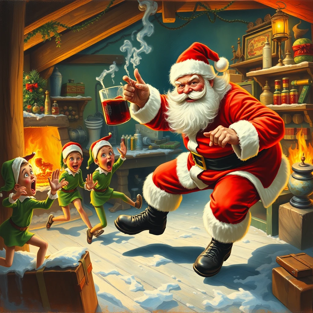 "Santa is drunk again and rampaging through the workshop, elves are running in terror, a painting by Arthur Sarnoff." - Image