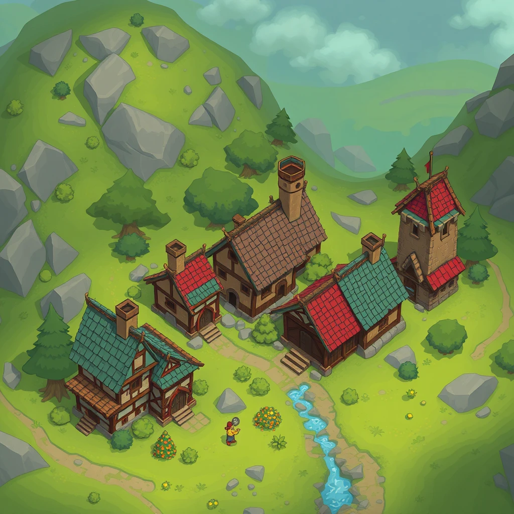 Medieval style houses, landscape game materials, pixel art, 2D landscape, game assets. - Image