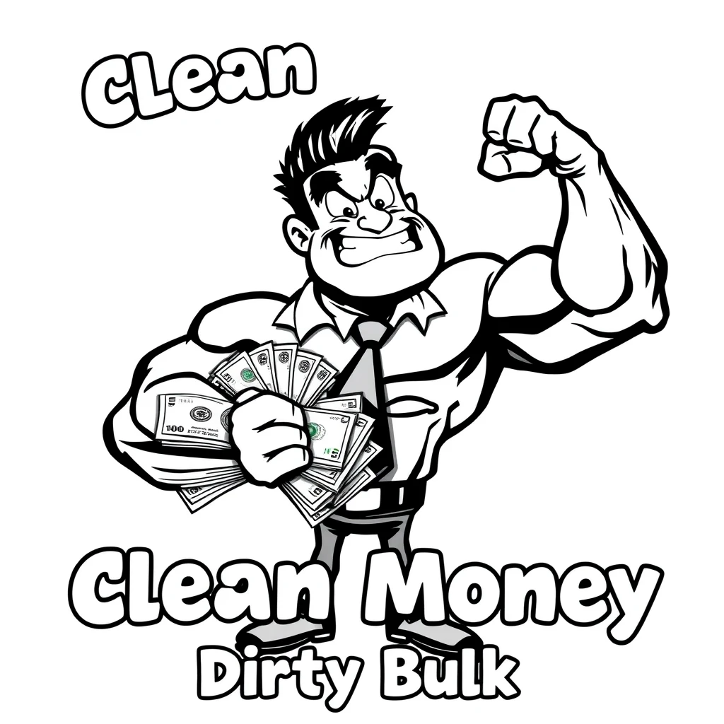 A cartoon black and white Richie Rich style comic of a muscular business bro flexing while holding a wad of cash. Text says “Clean Money Dirty Bulk”. - Image