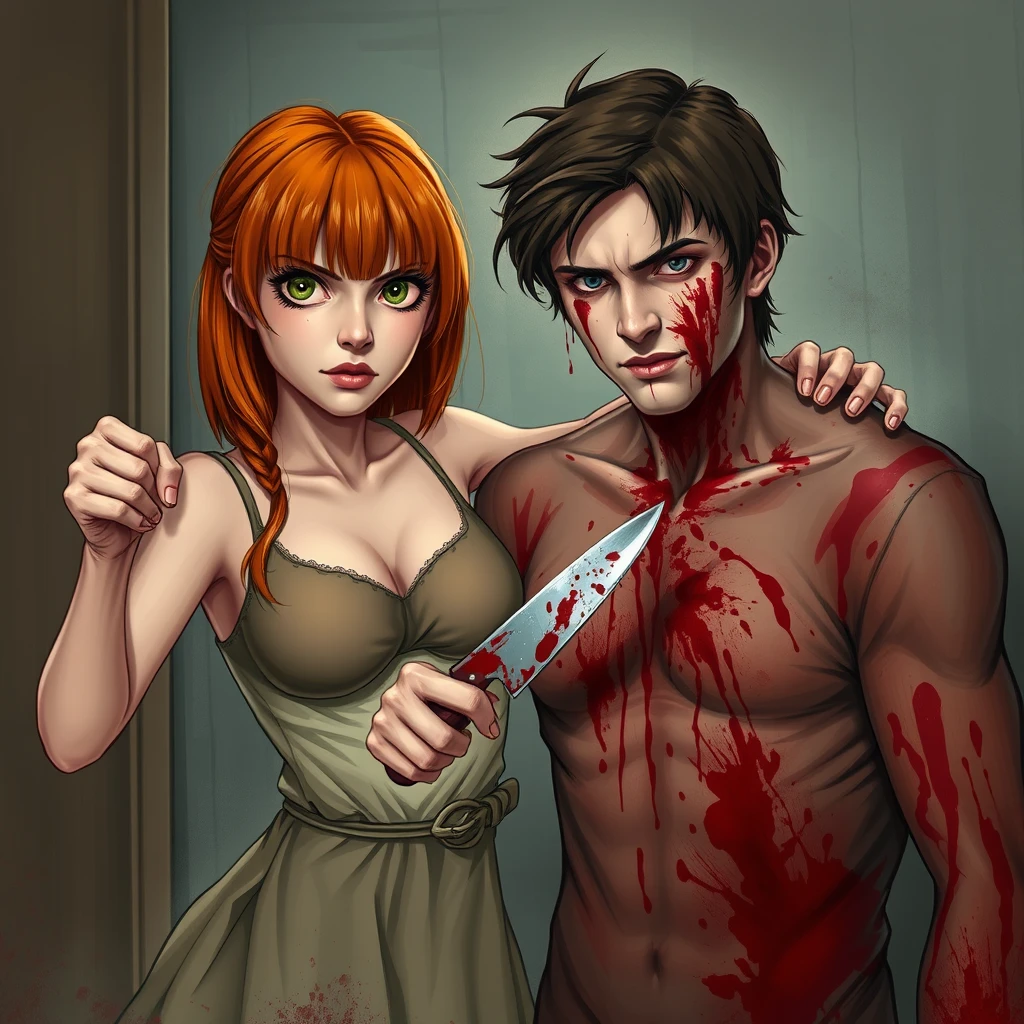 A horror scene with two people; a short, skinny teenage girl with long ginger hair and bangs, green eyes, and large breasts, wielding a knife while cutting a tall young white man with brunette hair and dark eyes, who is covered in blood.