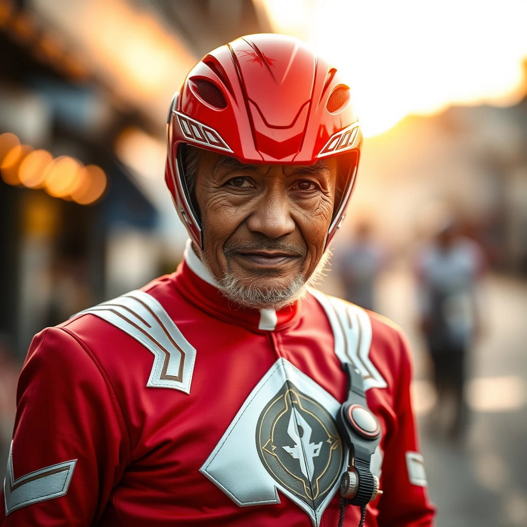 An old Malay man, wearing a red Power Ranger suit, intricate detail, bokeh, golden hour. - Image