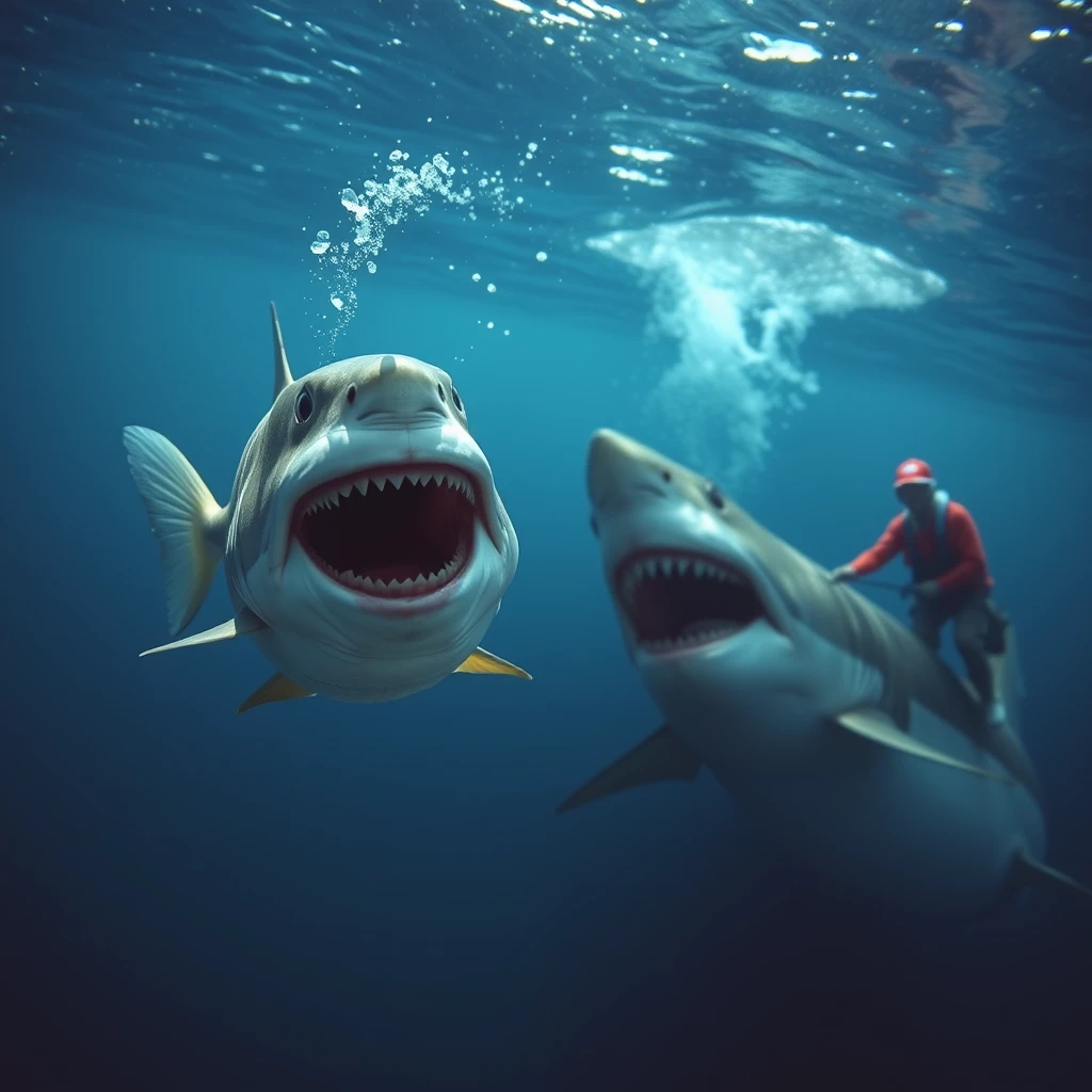 A fish laughing underwater as a shark bites a fisherman’s boat.