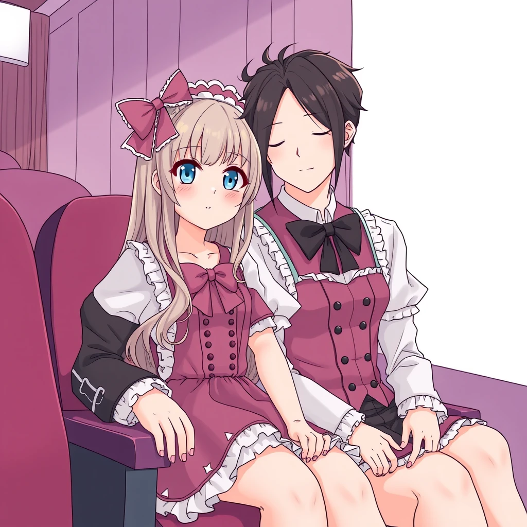 anime lineart, Beautiful girl dressed in Lolita costume and handsome tall boyfriend, sit in cinema