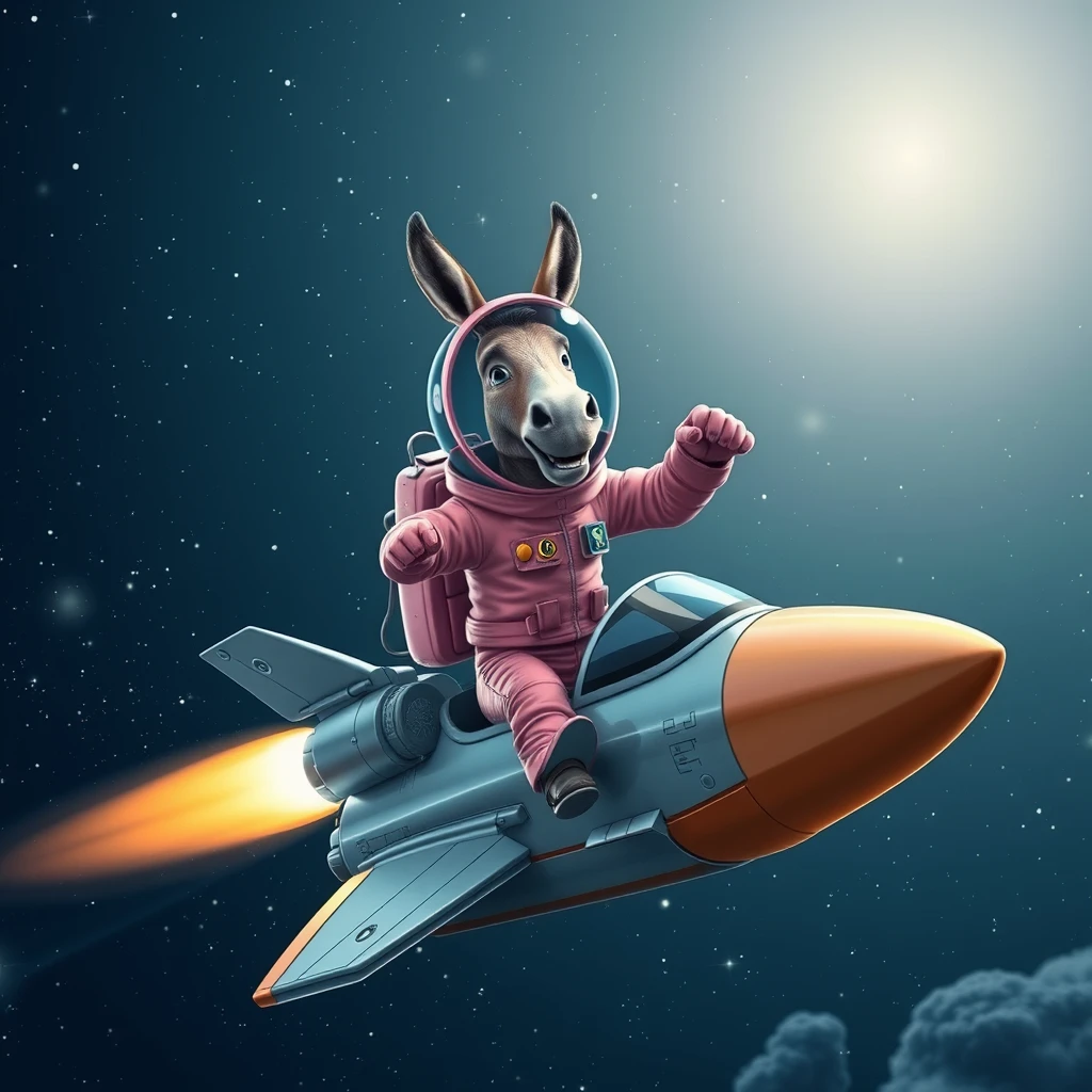 An ambitious donkey wearing pink astronaut costume, riding on a stunning spaceship, making a punching gesture, flying to the outerspace under a clear night sky with lots of shining stars. Realistic style.