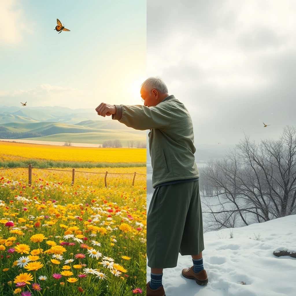 Background and Separation:
Generate a wide image, divided into left and right parts, with a middle-aged man standing in the right part.

Left Part (Bright World):
Color scheme: Dominated by green, yellow, and gold, creating a vibrant spring atmosphere.
Elements: A lush prairie filled with clusters of flowers, colorful butterflies and bees fluttering about. In the distance, rolling hills and a light blue sky, with a few white clouds leisurely drifting. Golden sunlight hangs in the upper left corner, illuminating the land.

Right Part (Dark World):
Color scheme: Primarily gray and white, creating a cold, dim winter atmosphere.
Elements: Depict a barren landscape of ice and snow, with snowflakes dancing in the air, cold winds howling, and the ground covered in thick snow. A frail middle-aged Chinese man stands facing the bright world in the right part of the dark world, dressed in thin clothing, appearing fatigued, and he punches fiercely at the boundary between the two worlds. However, there is an invisible barrier between the two worlds, preventing him from reaching the bright world. He gazes longingly at the sunlight across from him, revealing his yearning for brightness and despair.

Details and Atmosphere:
Contrast of Light and Shadow: Strengthen the contrast of light and shadow between the two worlds, making the image more striking and powerful.
Atmosphere Creation: Through a comprehensive use of color, light and shadow, and elements, create a shocking visual effect that allows the audience to feel the human pursuit of beauty as well as the helplessness and sadness when faced with difficulties.