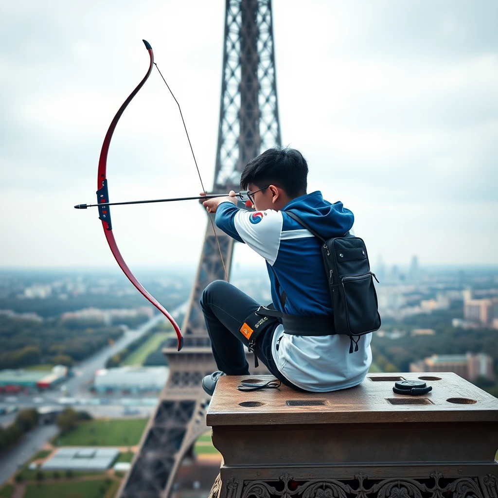 A member of South Korea's archery national team sitting at the top of the Eiffel Tower, aiming at the target, in a photojournalistic style. - Image