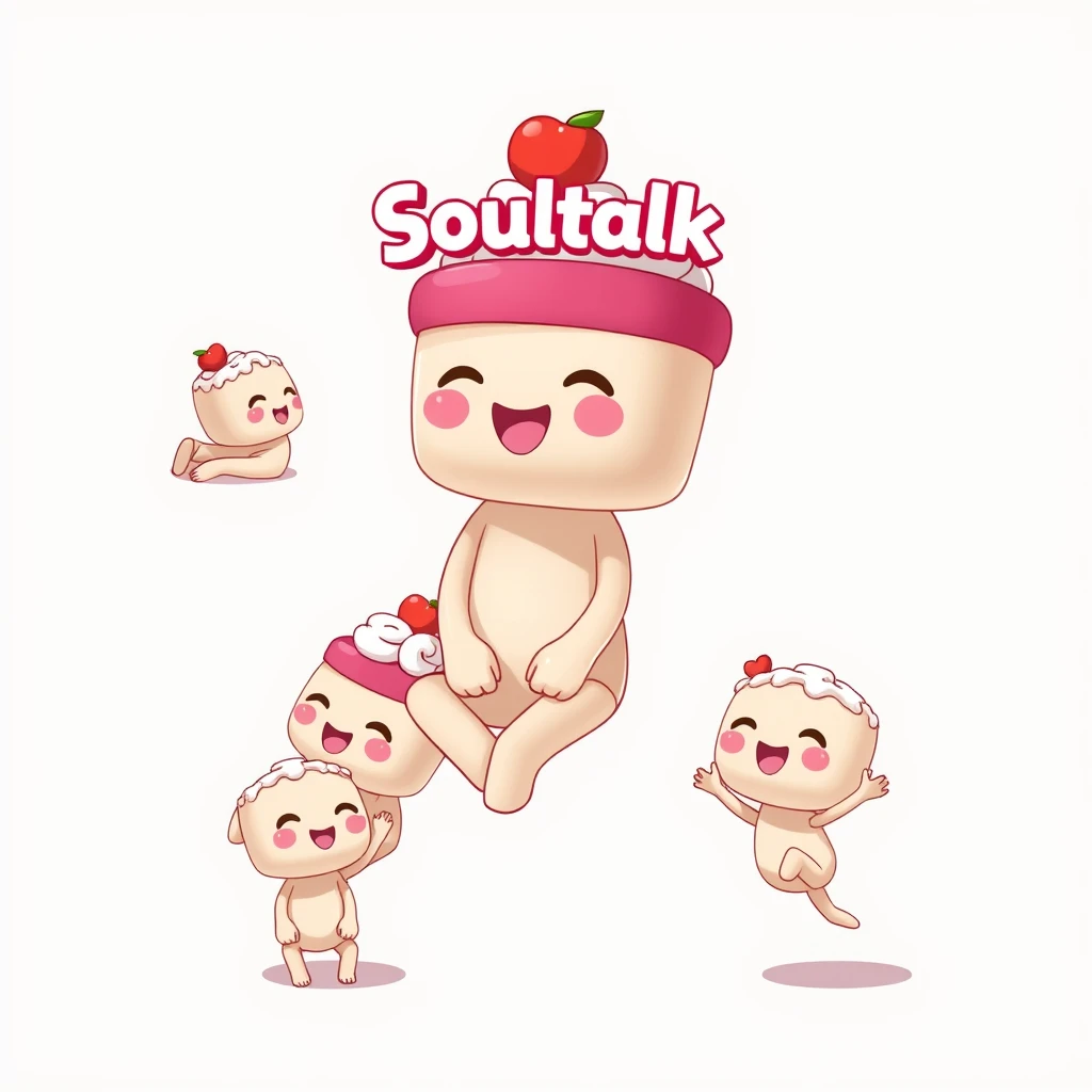 Create a realistic 3D mascot for a pastry cafe called Soultalk Pastry. It should have body parts that resemble a cake. In a 4-square manga format, it should be shown in four different poses: sitting, lying down, jumping, and standing still. - Image